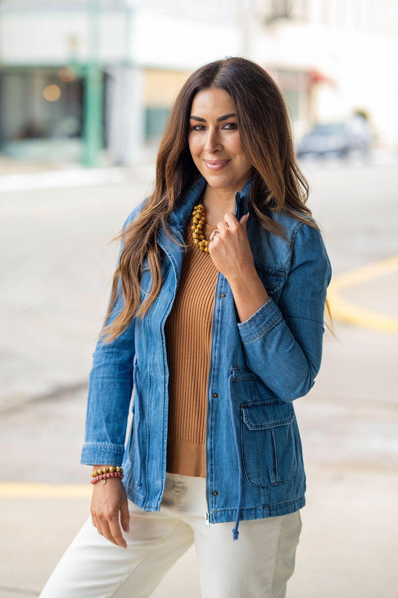 Denim Cinched Waist Utility Jacket - Betsey's Boutique Shop