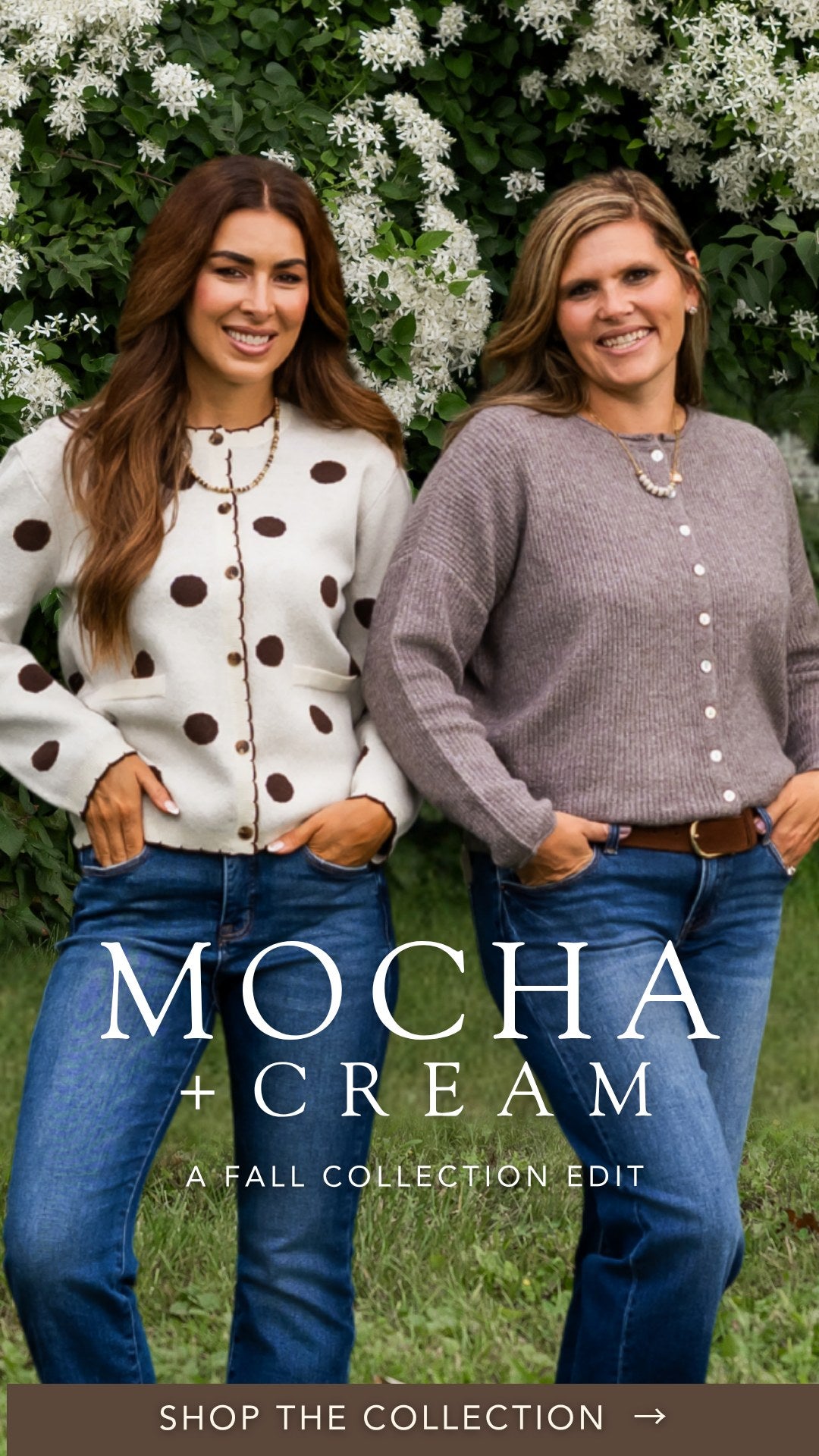 Mocha + Cream, a Fall Collection edit: two friends in cozy cardigans. Shop the collection.