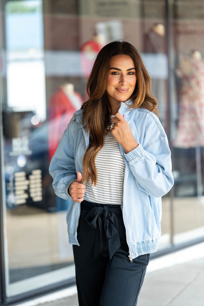 Chambray Bomber Jacket - Betsey's Boutique Shop - Coats & Jackets