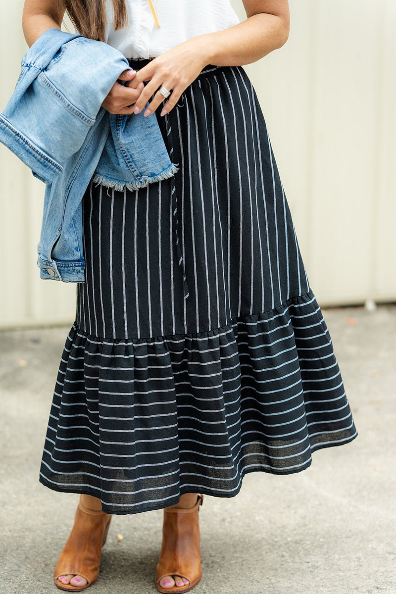 Mixed Stripes Ruffle Bottom Midi Skirt - Betsey's Boutique Shop