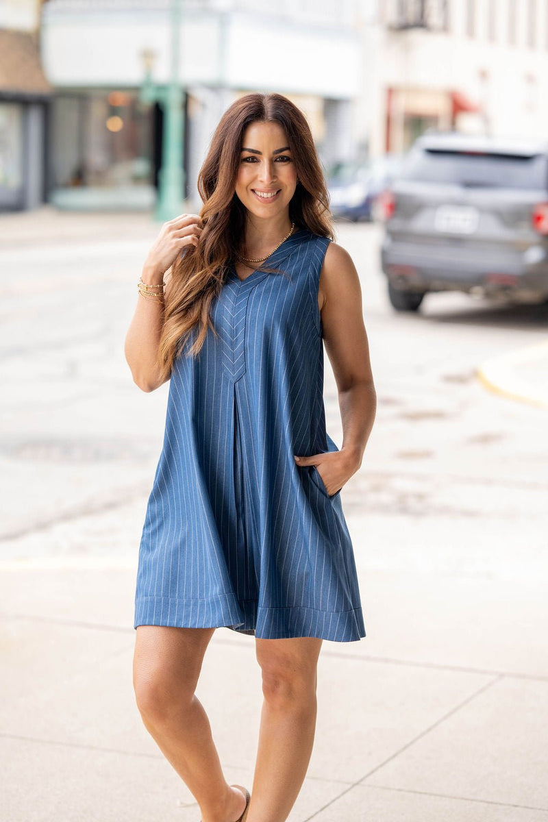 Pinstripe Denim Swing Dress Light Wash / S