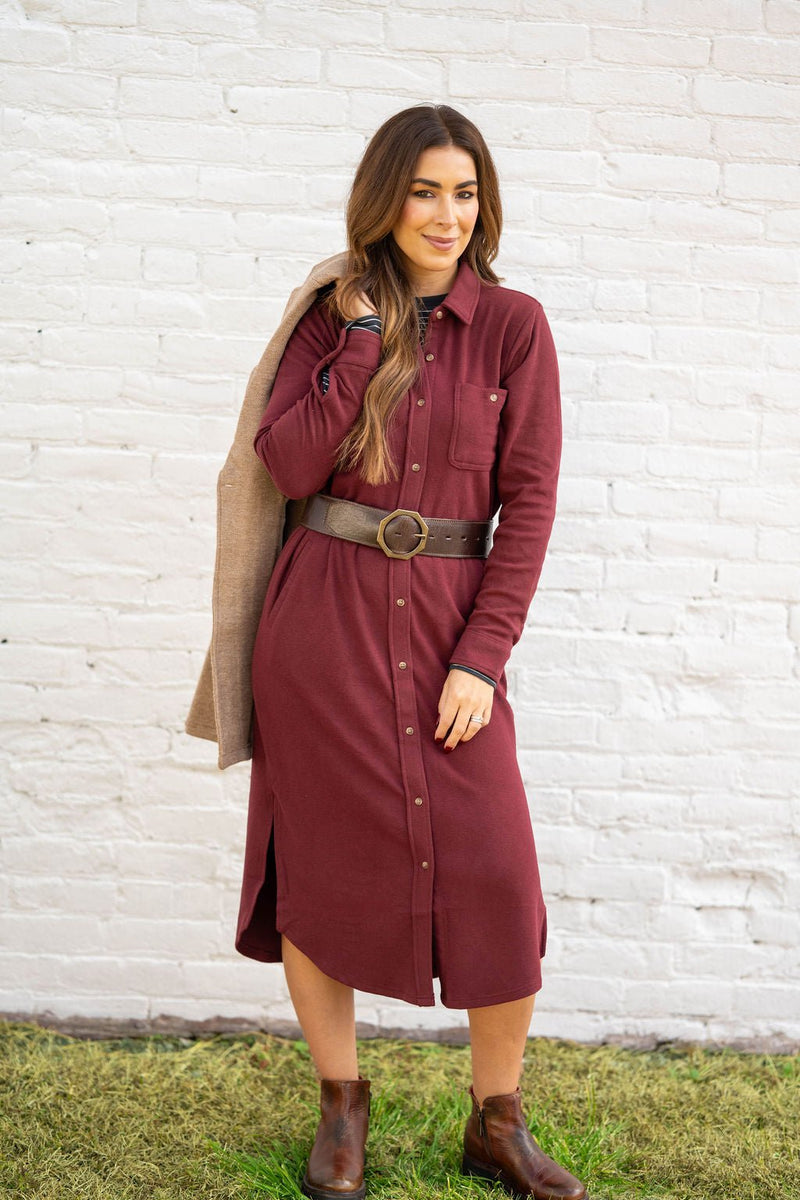 Sweet Cedar Tunic Button Up Dress Burgundy / L