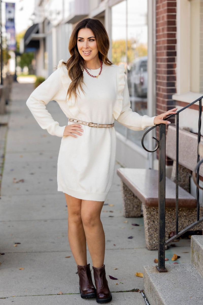 Ribbed Ruffle Accented Sweater Dress Cream / L