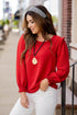 Ruffle Shoulder Cinched Long Sleeve Blouse