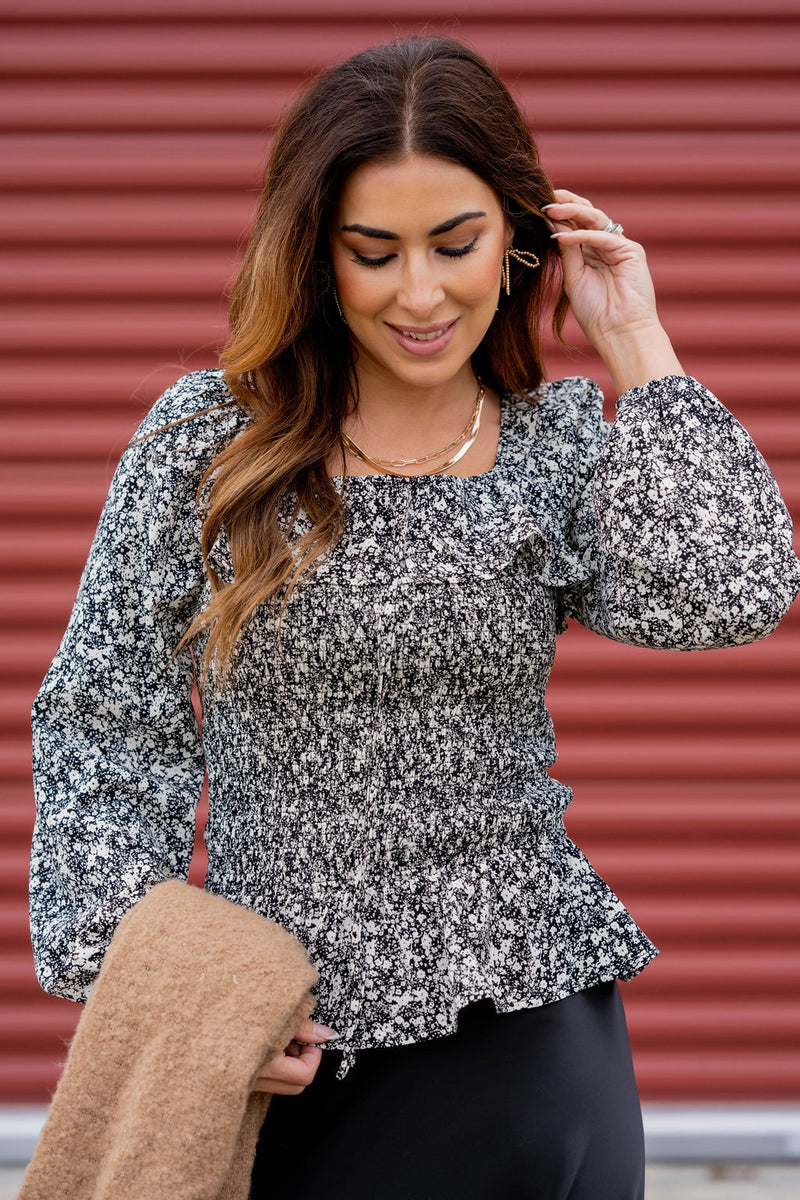 Micro Floral Ruched Top Peplum Blouse - Betsey's Boutique Shop