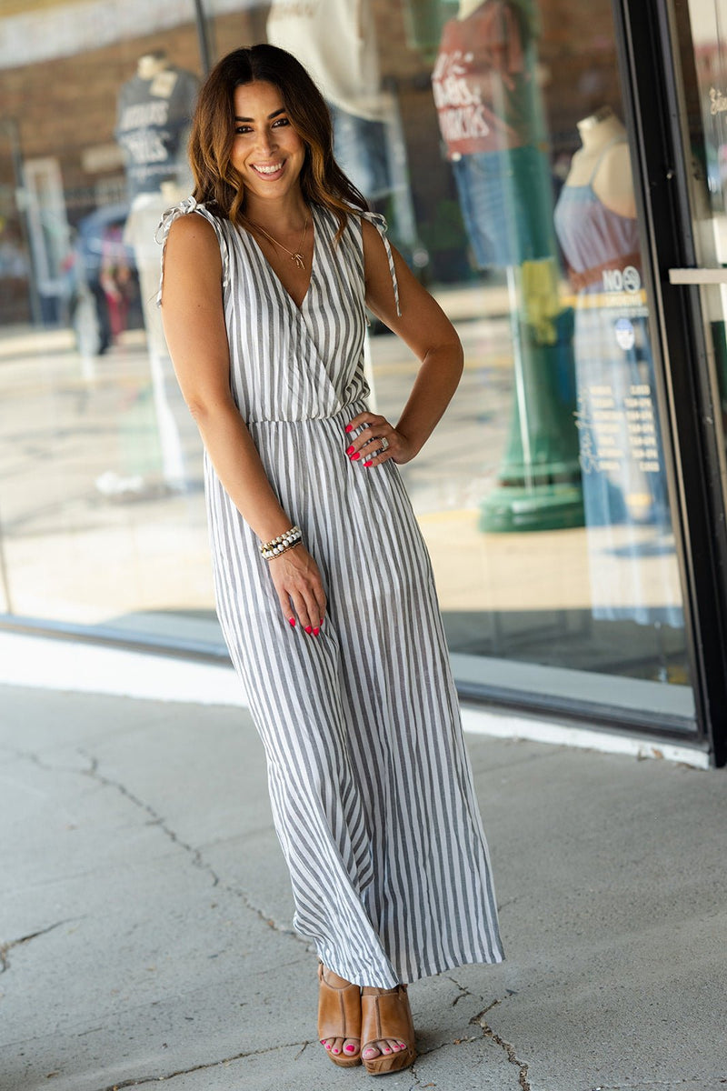 Vertical Striped Faux Wrap Jumpsuit - Betsey's Boutique Shop