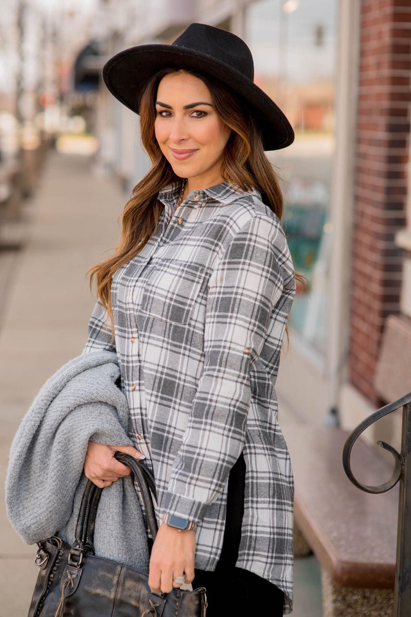 Grey Plaid Shirt | Long Sleeve Flannel Button Down Top | Betsey's