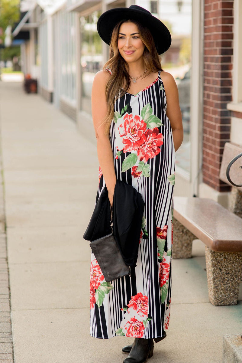 striped tank maxi dress Floral Striped Tank Maxi S / Black
