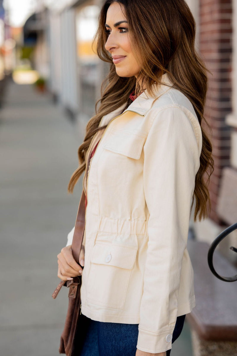 Solid Cinched Waist Utility Jacket