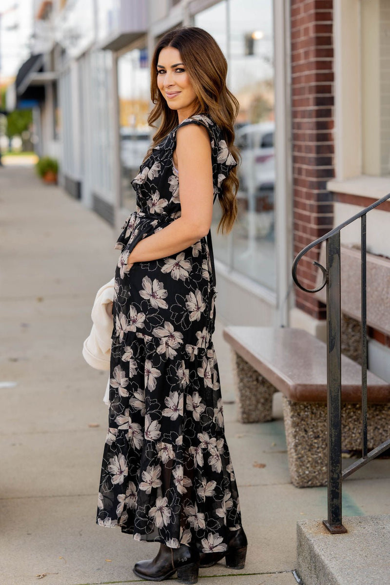 Sheer Floral Tie Waist Maxi Dress Hunter Green / S Sheer Floral Tie Waist Maxi Dress Hunter Green / S