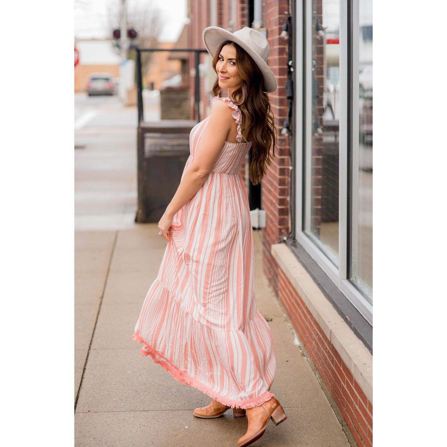 maxi dress with fringe bottom Stripe Fringe Bottom Maxi Dress Salmon / L