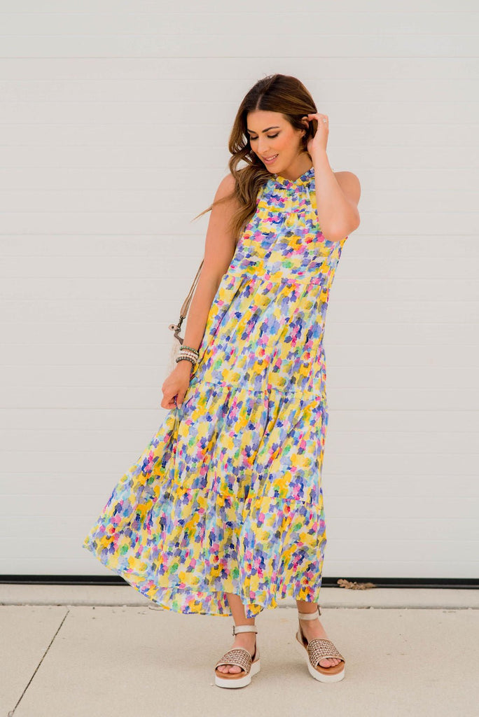 Watercolors Tiered Tie Back Maxi Dress - Betsey's Boutique Shop -