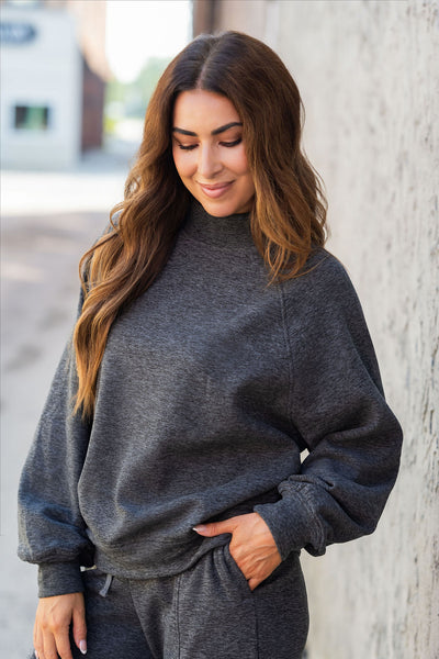 Cozy on the Go Charcoal Double Brushed Mock Neck Pullover
