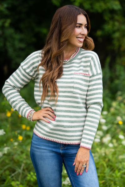 Fine Detail Striped Pocket Sweater