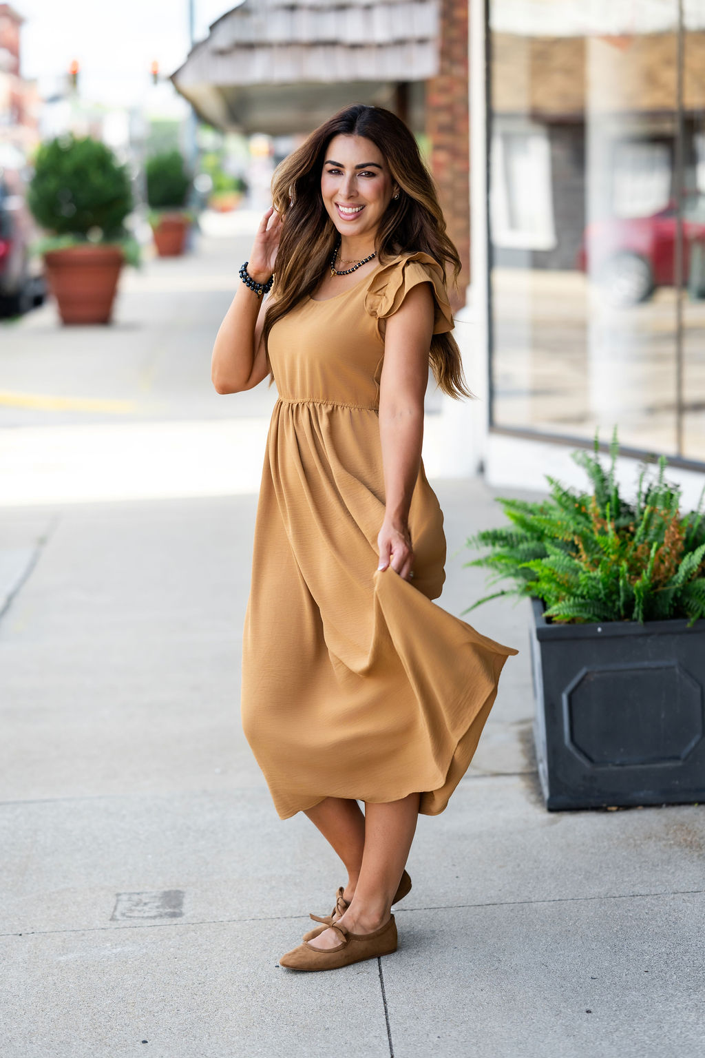 Ruched Ruffle Shoulder Maxi Dress Cognac / S