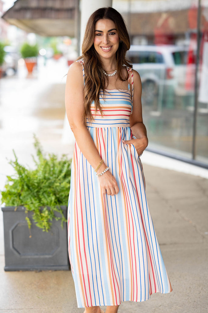 colorful striped midi dress THML: Perfectly Balanced Pink Striped Midi Dress Shop the Mint