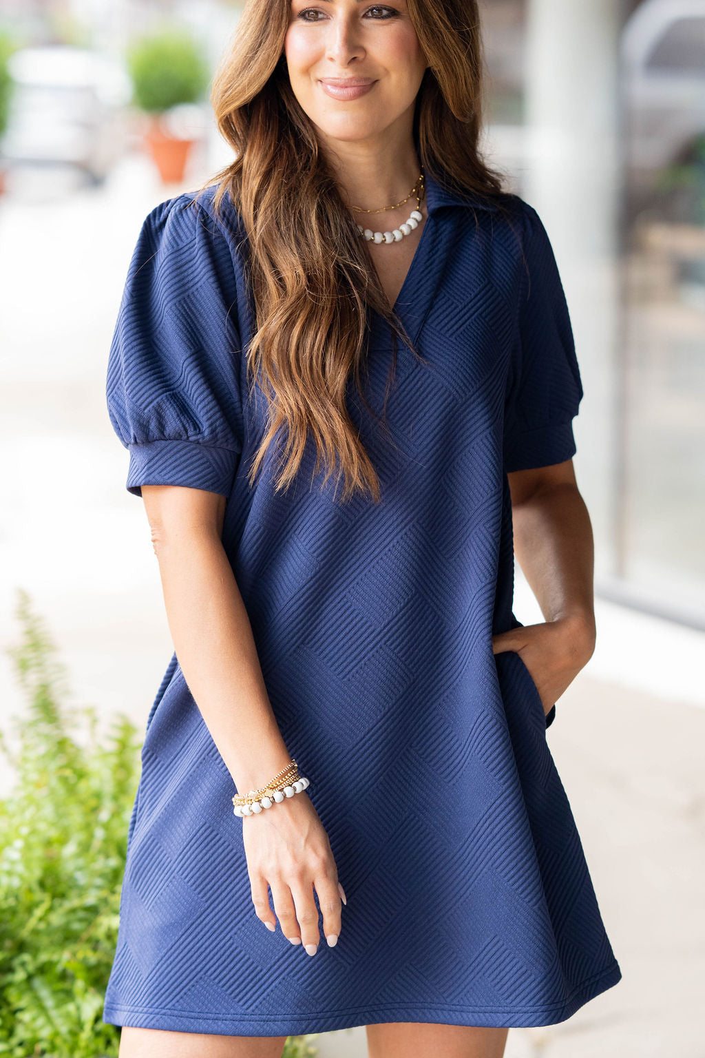 Cozy Charm Puff Sleeve Dress Navy / L Cozy Charm Puff Sleeve Dress Navy / L