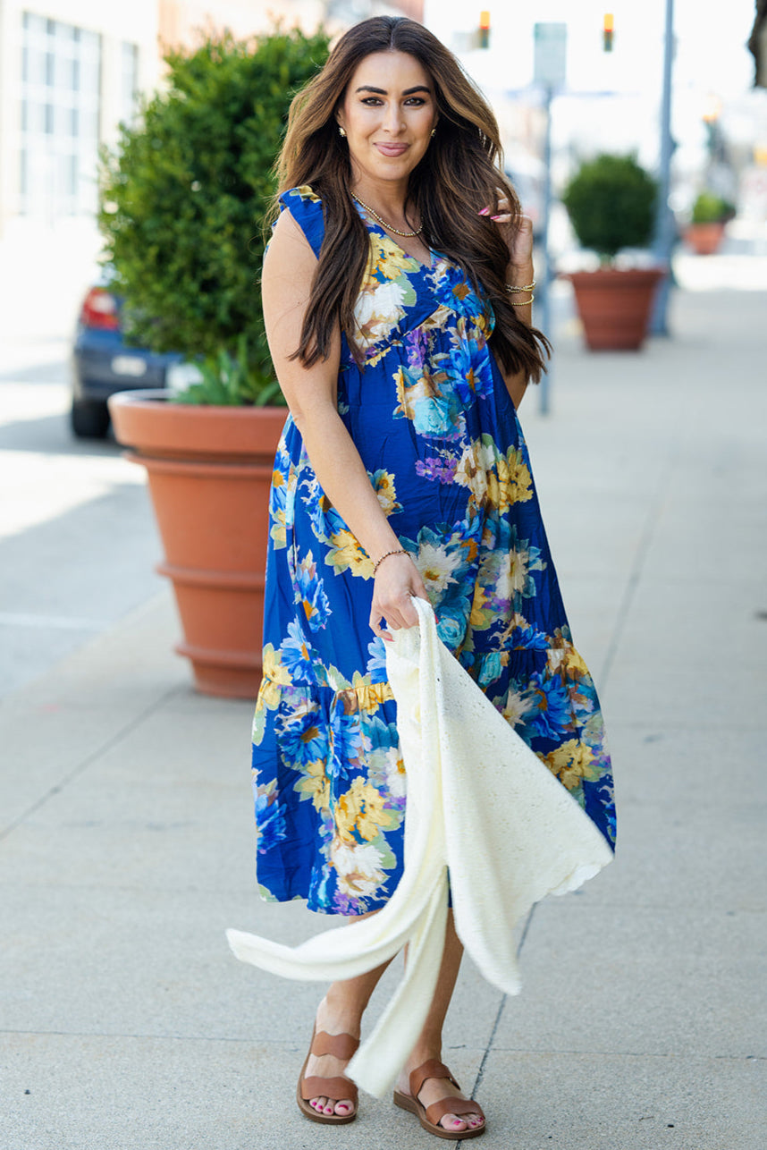 Fancy Floral Flutter Trim Midi Dress - Main Image