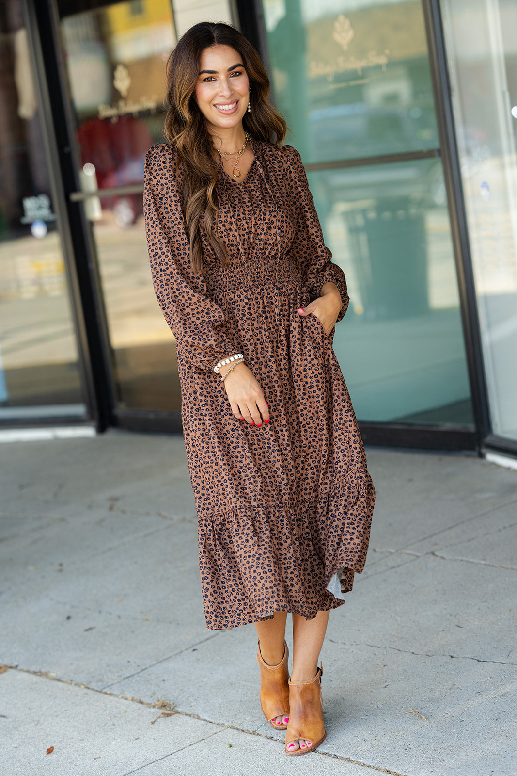 slimming midi dress with sleeves Blossoming Buds Long Sleeve Midi Dress