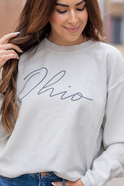 Ohio Grey Cursive Ribbed Graphic Crewneck
