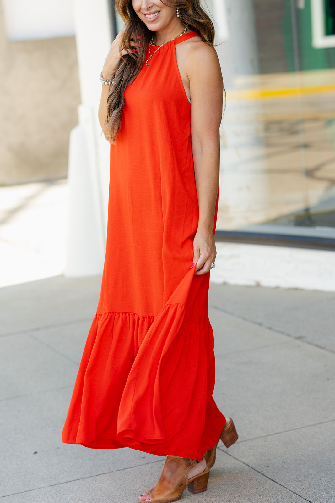 Tiered Halter Tank Maxi Dress Red Coral / M Tiered Halter Tank Maxi Dress Red Coral / M