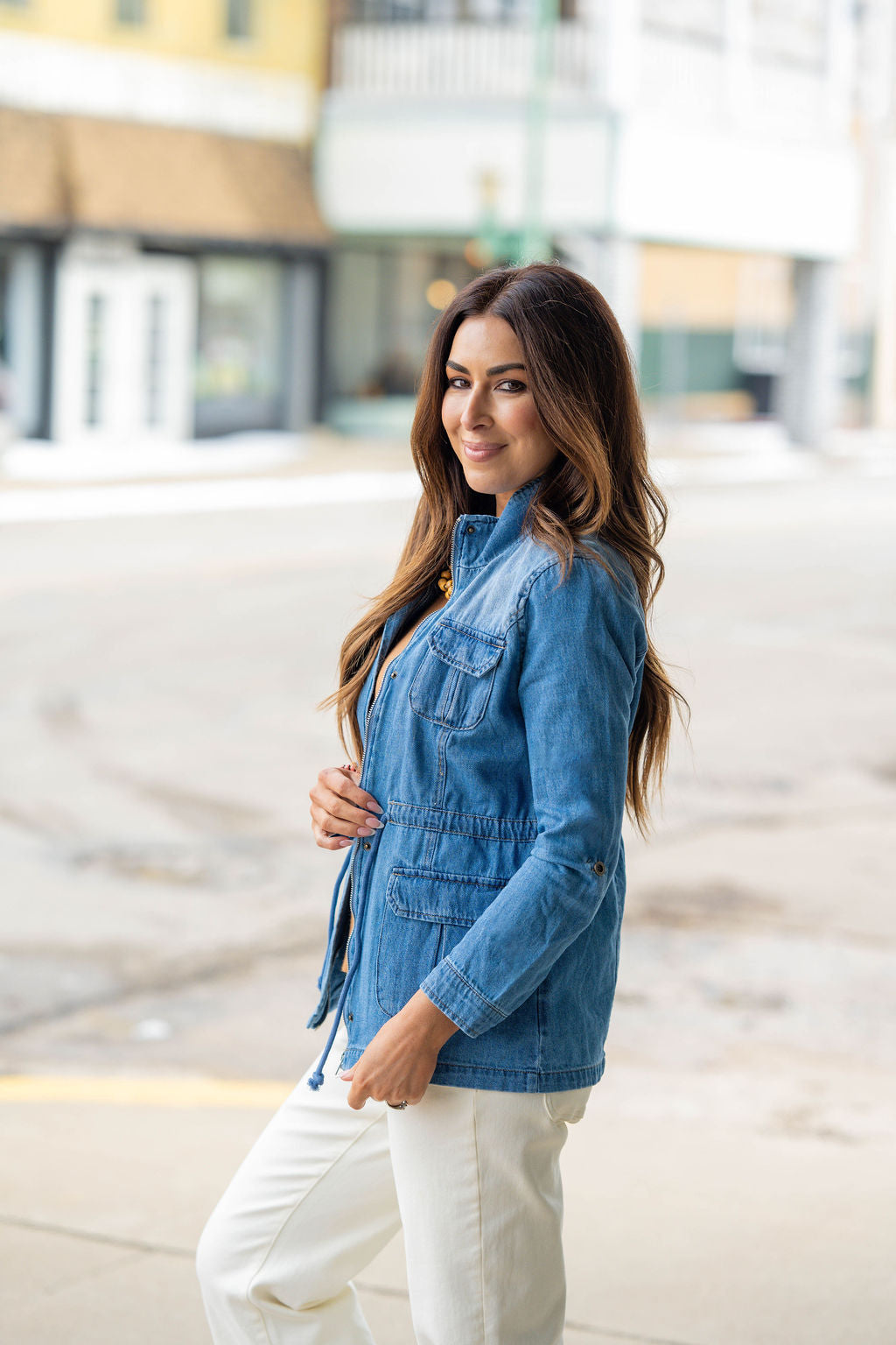 blue jean dress jacket Denim Cinched Waist Utility Dark Wash / L Color:Ochre in the Denim Jacket Beachy Wedding Dresses for PRESALE