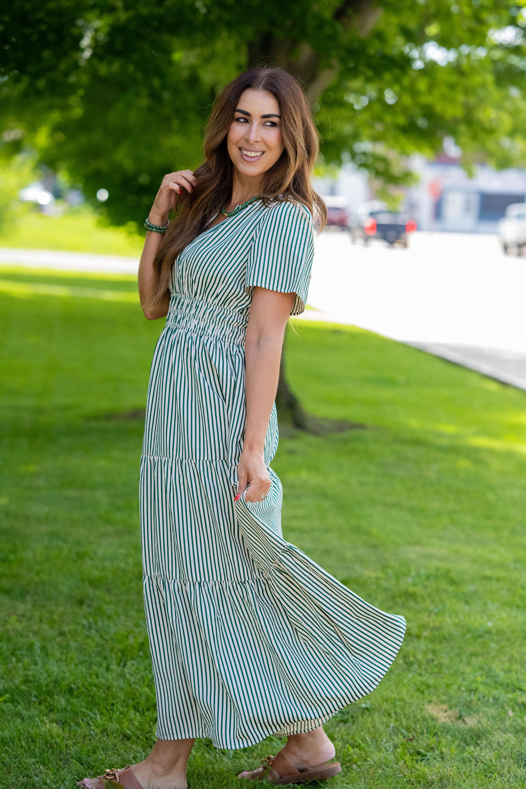green striped maxi dress Its a Good Thing Green Stripe Cotton Blend Sleeveless Maxi Dress