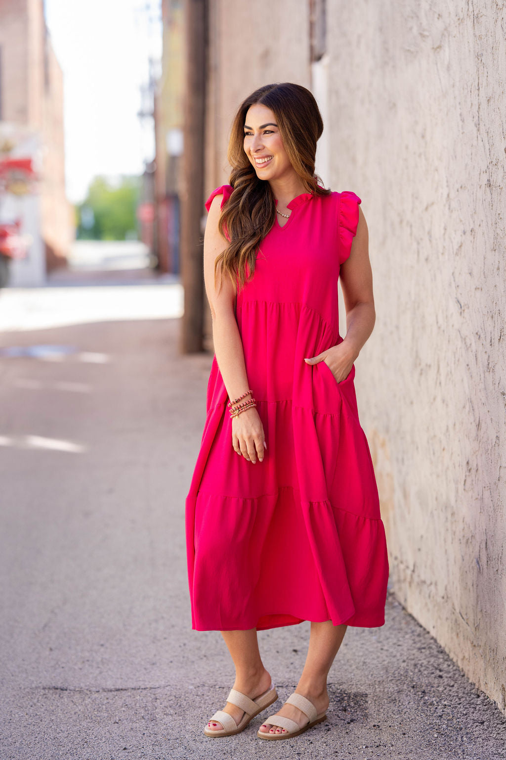 Effortlessly Chic Ruffle Midi Dress Hot Pink / XL Effortlessly Chic Ruffle Midi Dress Hot Pink / XL