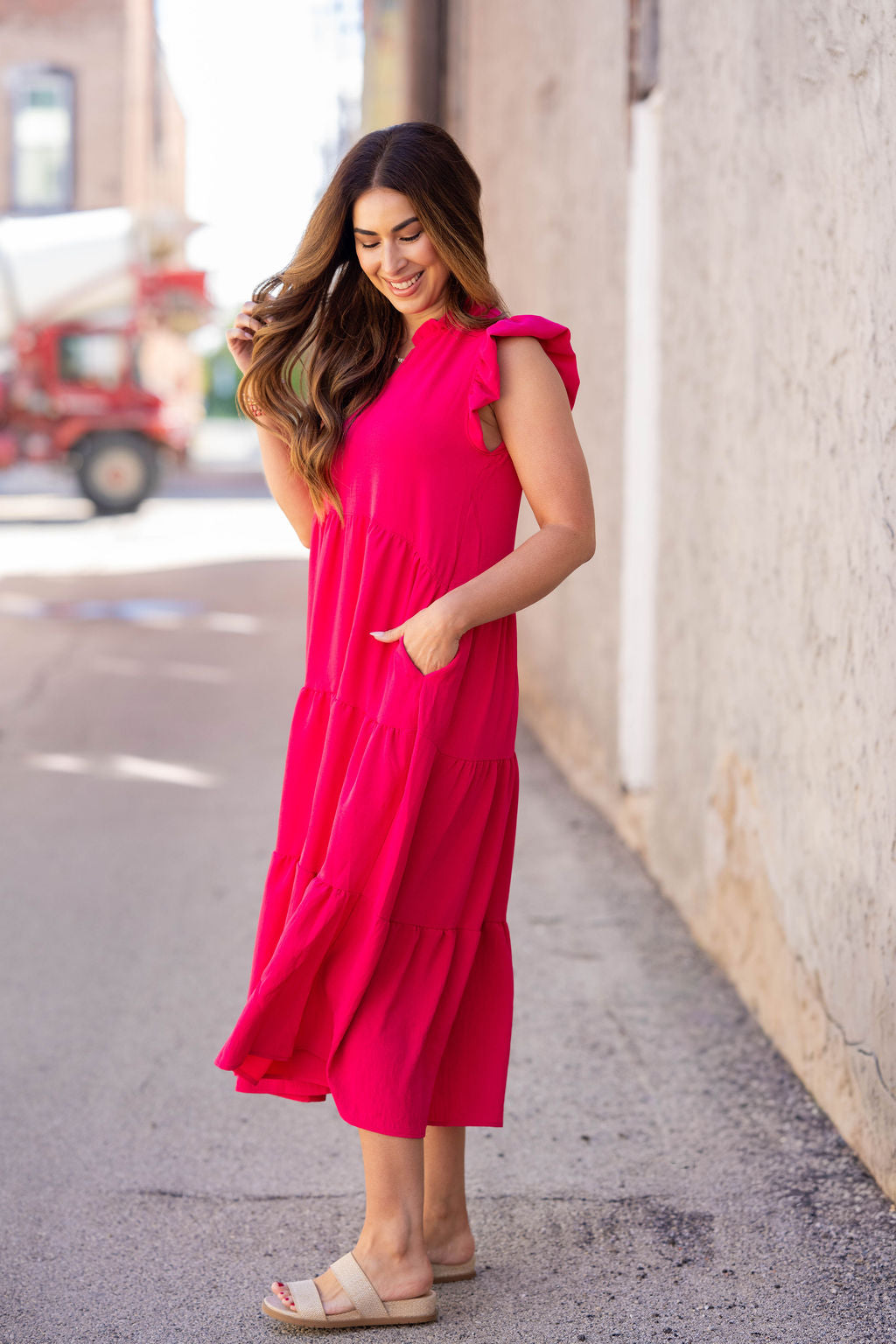 Effortlessly Chic Ruffle Midi Dress Hot Pink / XL Effortlessly Chic Ruffle Midi Dress Hot Pink / XL