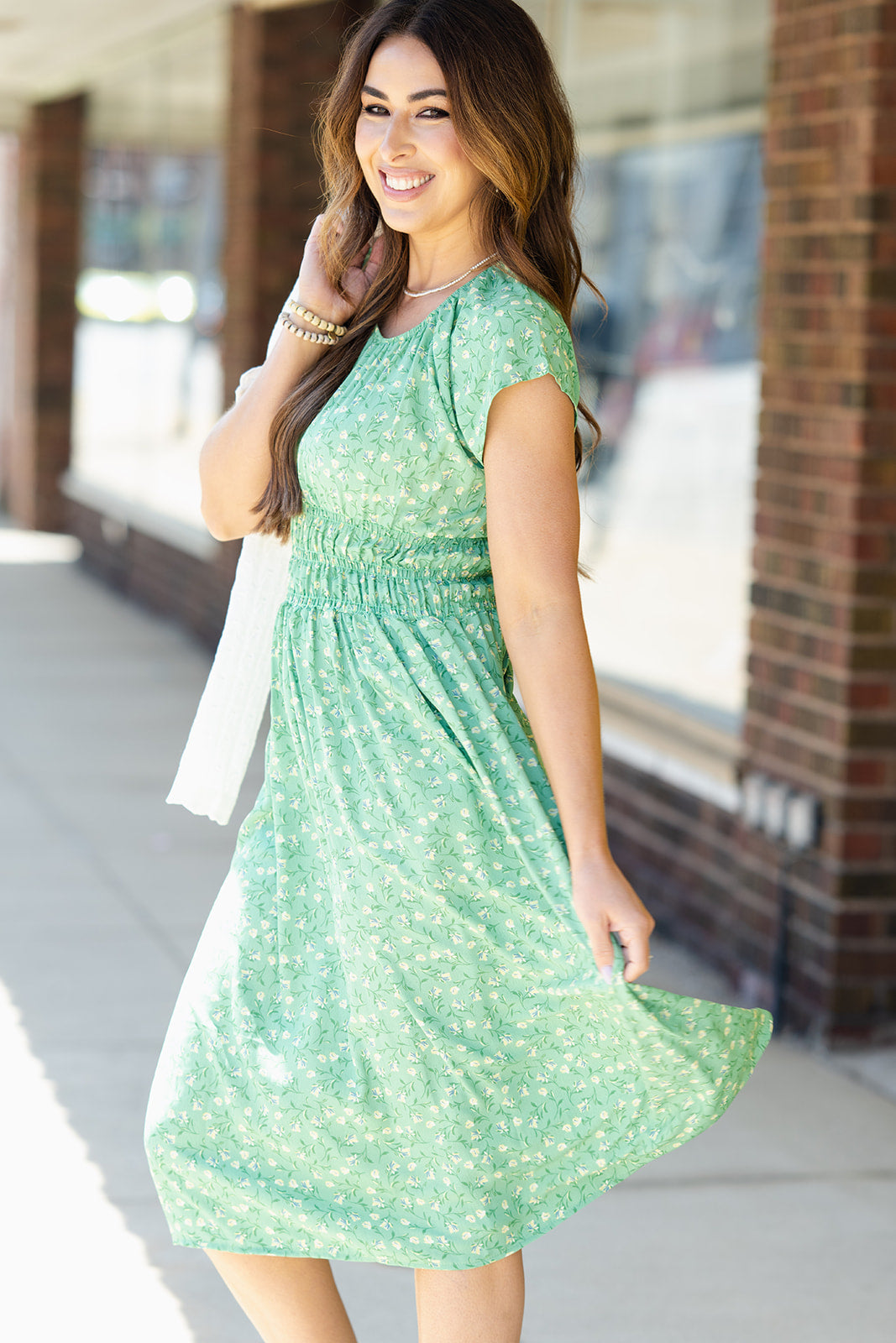 Blossoms Cinched Waist Midi Dress Green / XL Blossoms Cinched Waist Midi Dress Green / XL