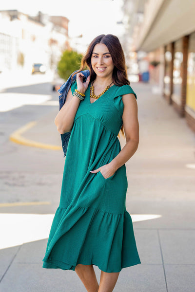 Textured Ruffle Trim V Midi Dress
