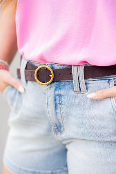Basic Brass Ring Leather Belt - Chocolate