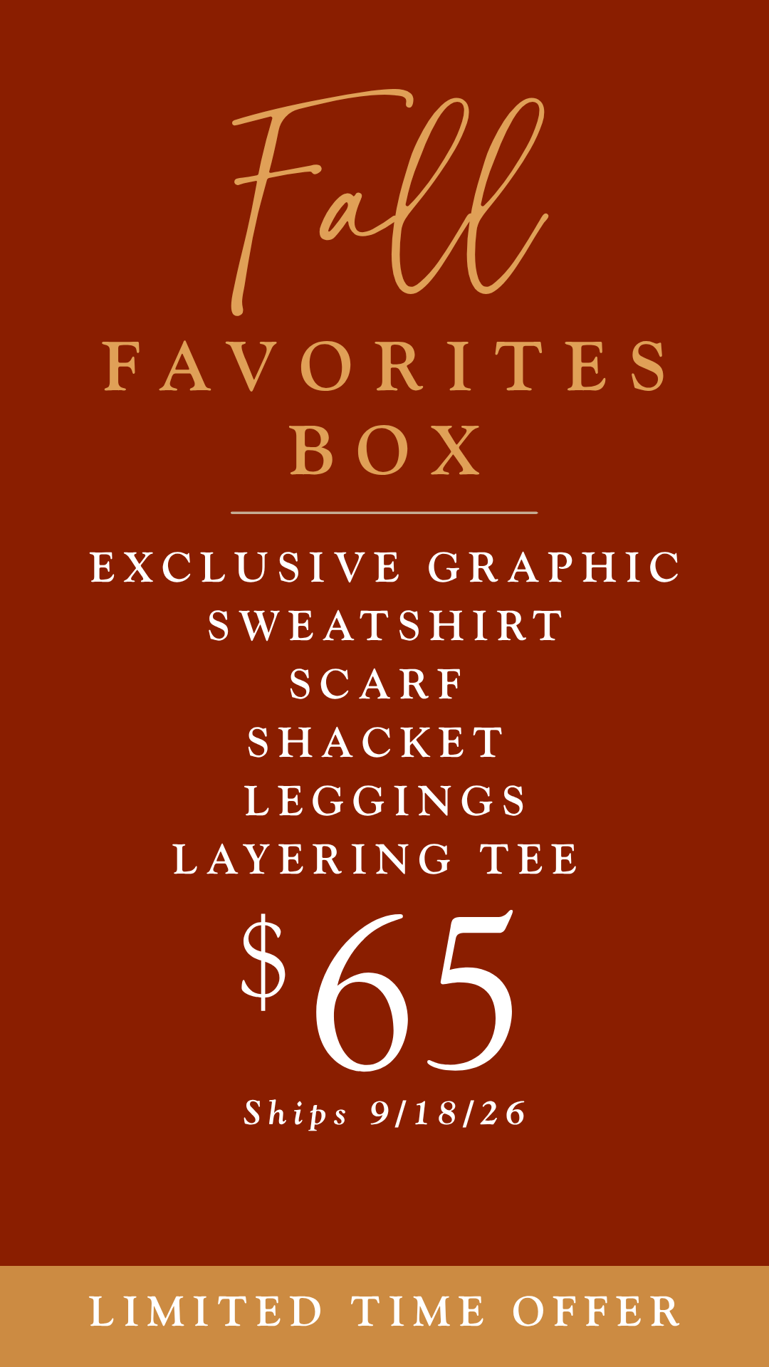 Betsey's Fall Favorites Box: five-piece bundle for $65, ships September 18, 2026