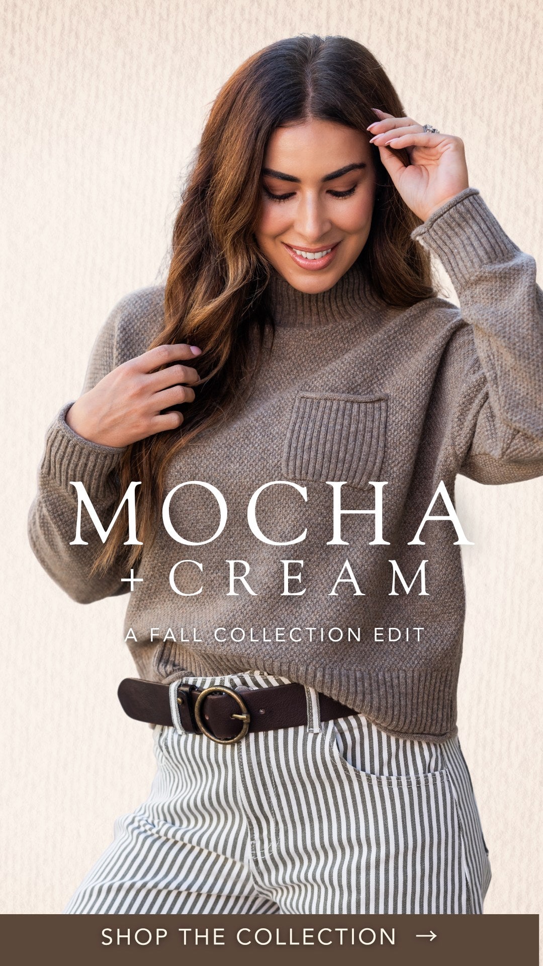 Mocha + Cream, a Fall Collection edit: taupe pocket sweater with striped pants. Shop the collection.