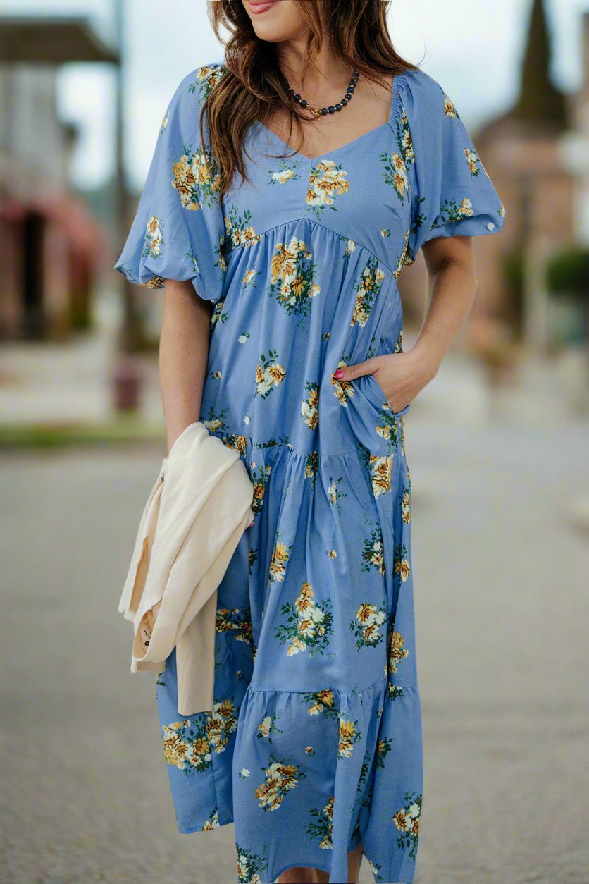 Blossoms Puff Sleeve Tiered Maxi Dress - Betsey's Boutique Shop