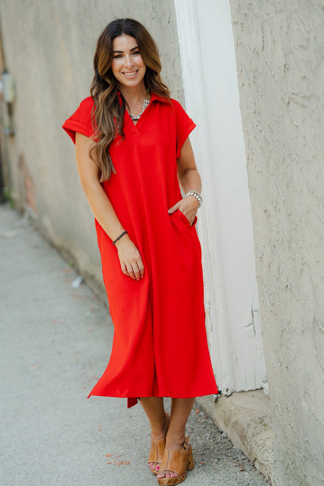 Collared Side Slit Midi Dress Red / L