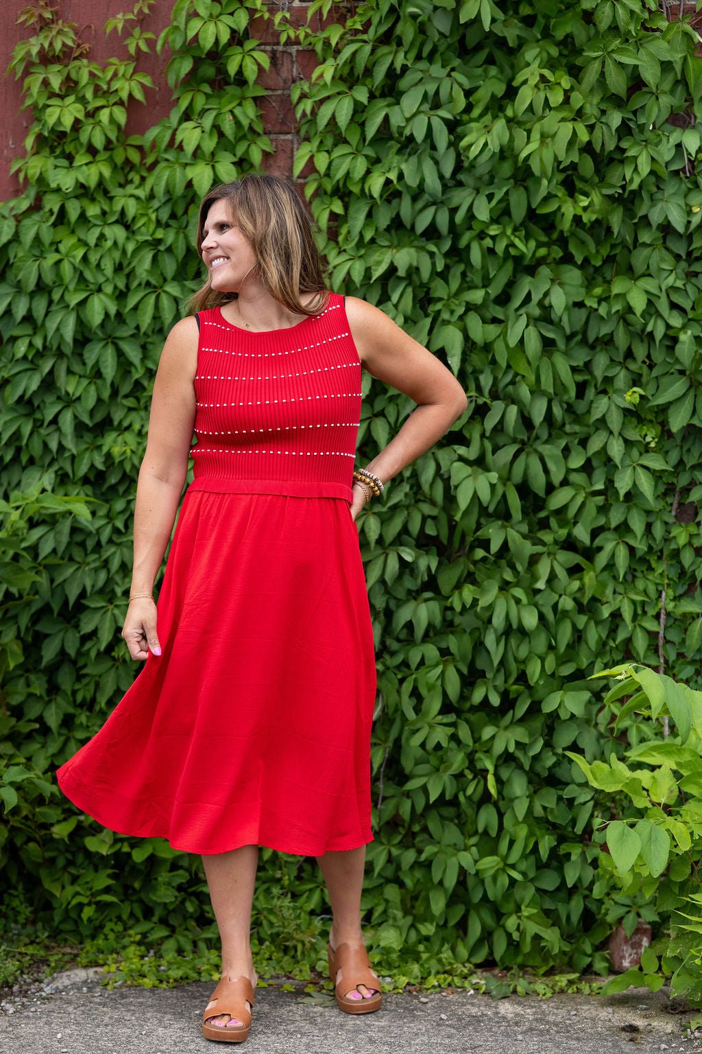 Dashed Striped Top Faux Layered Midi Dress Red / L