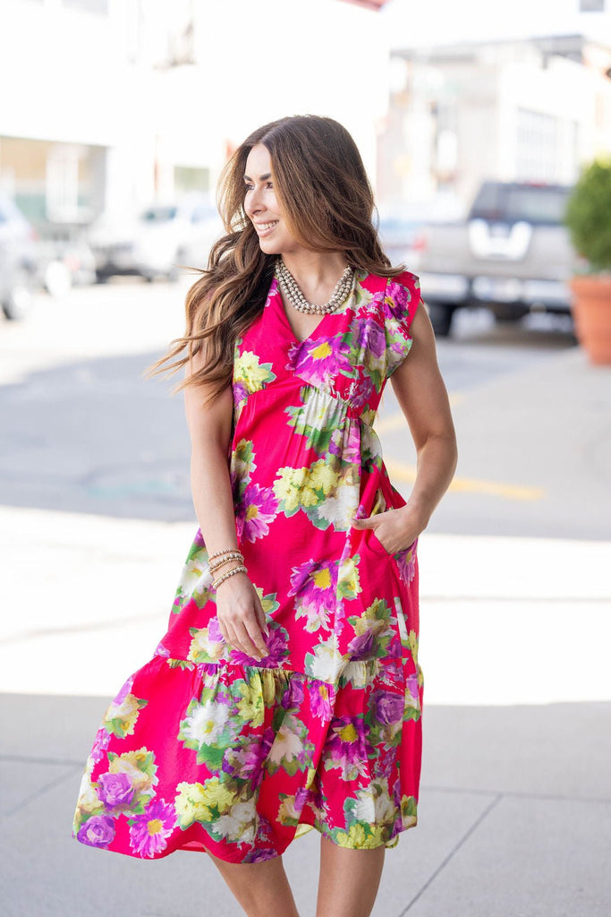 Fancy Floral Flutter Trim Midi Dress - Betsey's Boutique Shop
