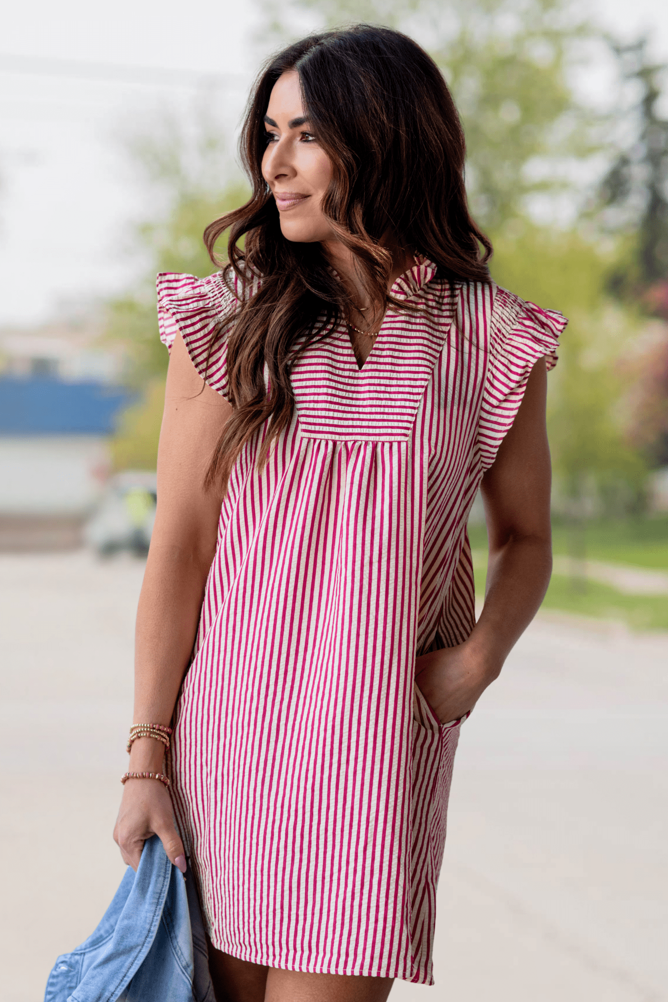seersucker dress women's Sky Blue Ruffle Sleeve Tiered Midi The Cabana is a curated collection of our founders favorite brands Mixed Stripes Seersucker Dress Blue