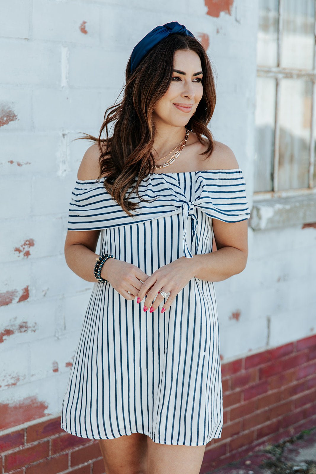 blue striped off the shoulder dress Off The Shoulder Striped Tie Dress Navy / L