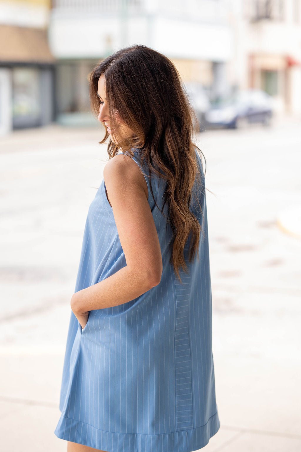 Pinstripe Denim Swing Dress Medium Wash / S