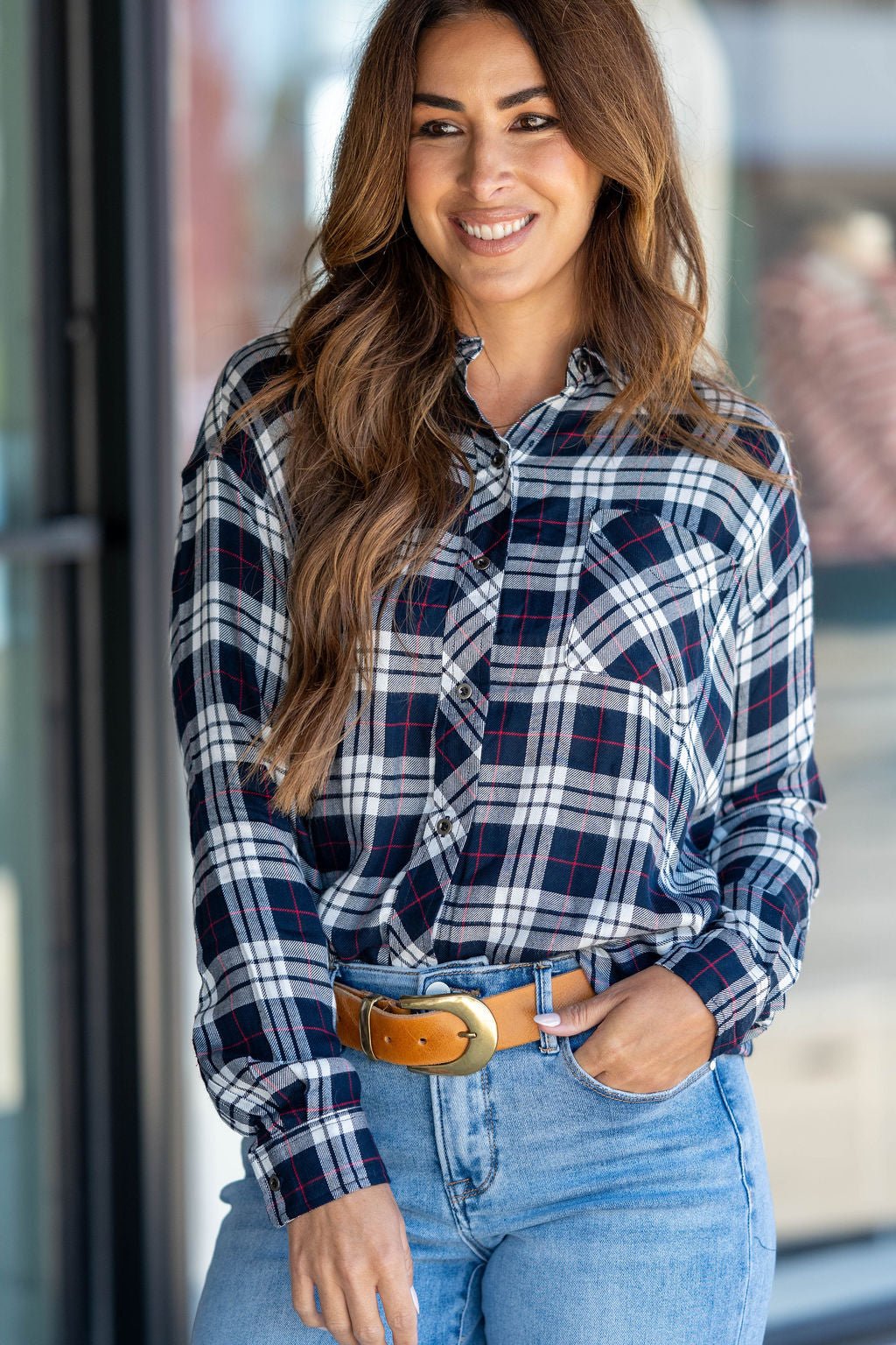 Plaid Pocket Accented Button Up Blouse Navy / XL Plaid Pocket Accented Button Up Blouse Navy / XL