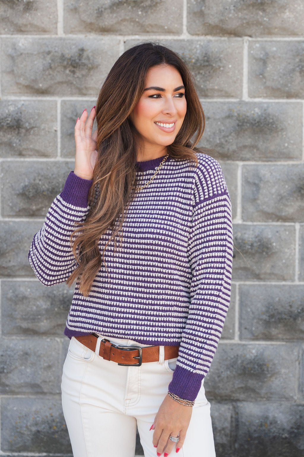 Striped Sweater Ribber Ribbed Trim Scalloped Striped Sweater - Betsey's Boutique Shop - Shirts ...