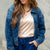 Ruffle Accented Denim Bomber Jacket