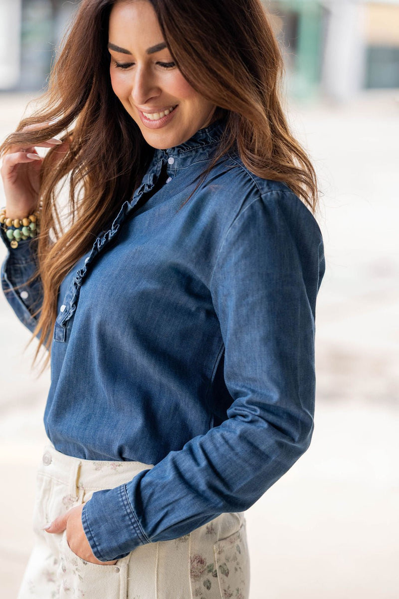 Ruffle Trim Denim Blouse - Betsey's Boutique Shop