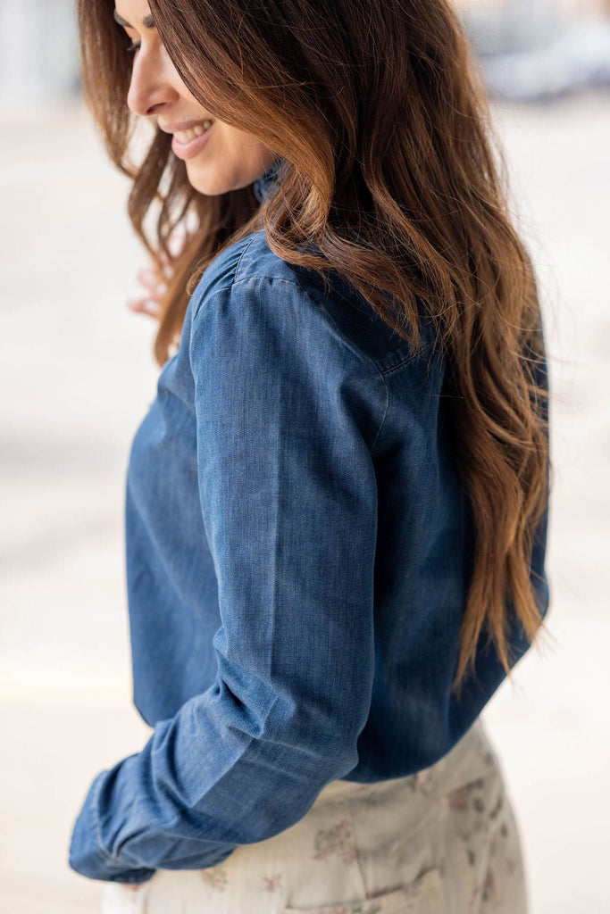 Ruffle Trim Denim Blouse - Betsey's Boutique Shop