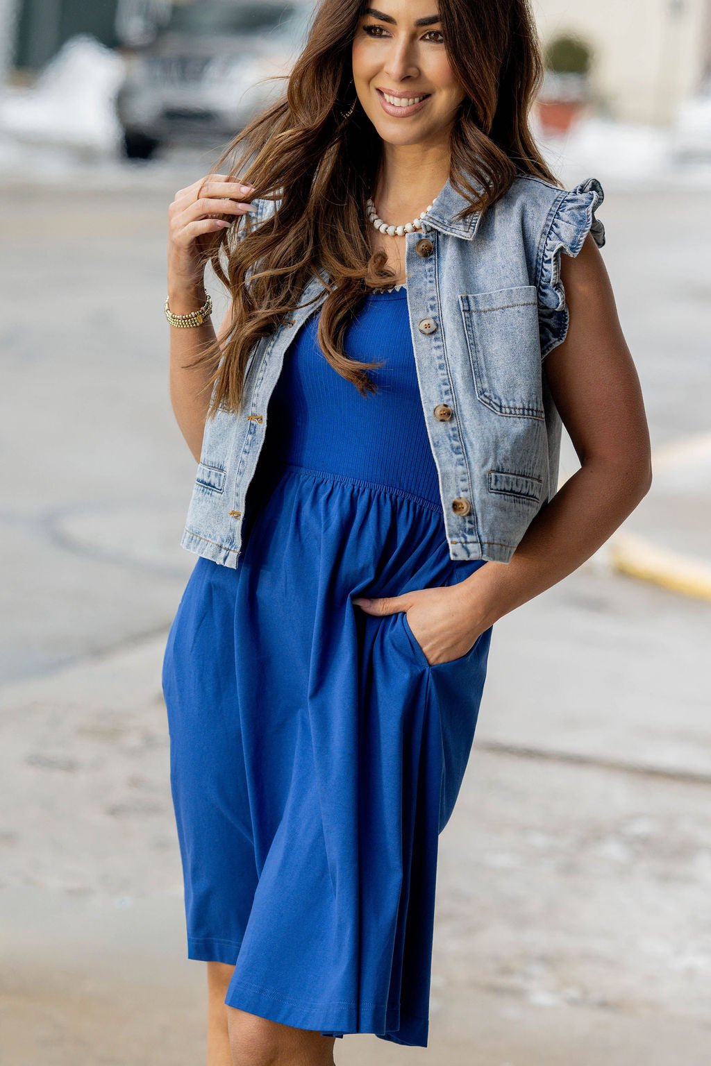 Ruffle Trim Pocket Denim Vest Light Wash / S
