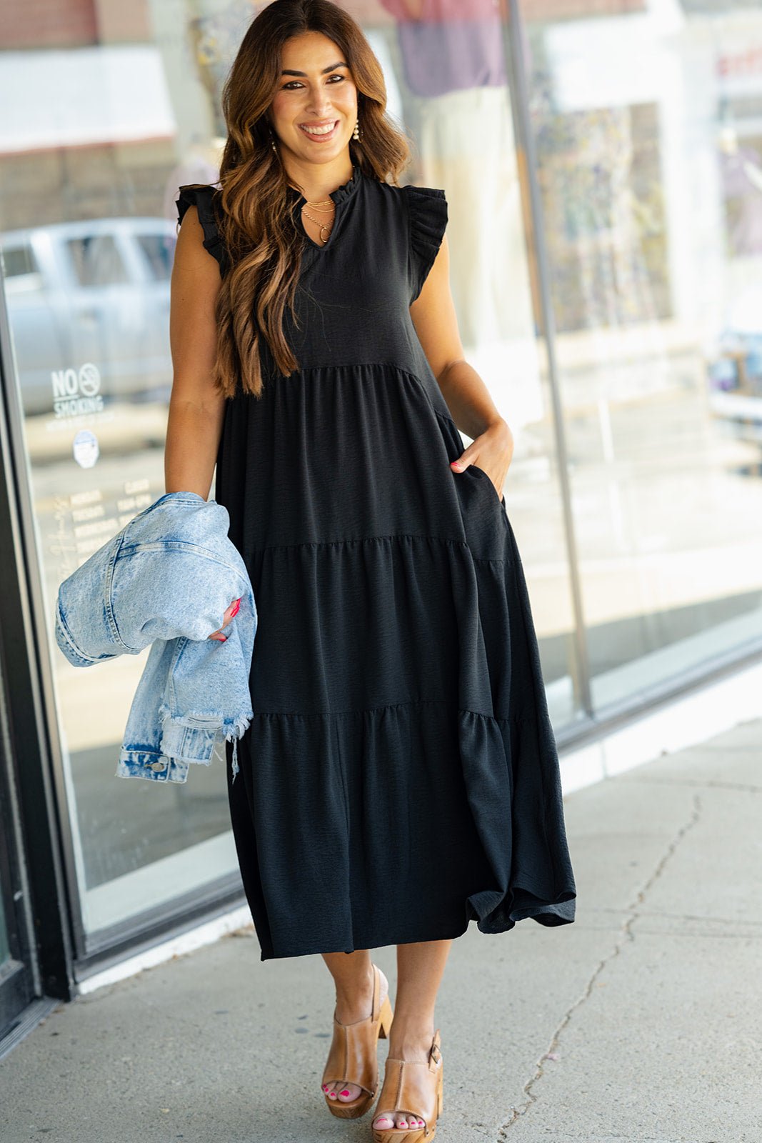 Ruffle Trim Tiered Midi Dress Black / S