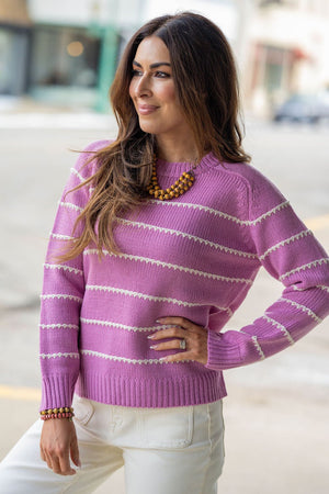 Scalloped Stitched Stripes Accented Sweater - Betsey's Boutique Shop - Shirts & Tops