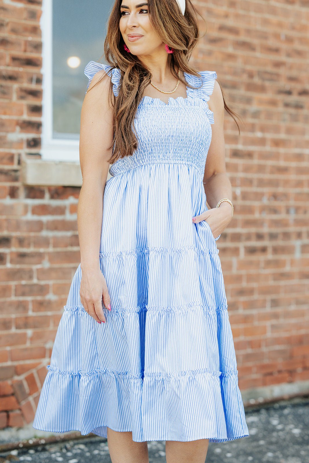 Striped Smocked Top Tiered Midi Dress Blue / L Striped Smocked Top Tiered Midi Dress Blue / L